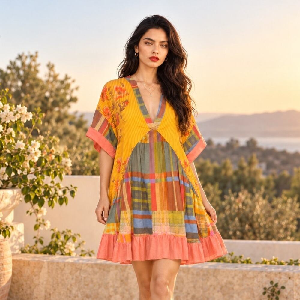 Free People Agnes Spring Combo Floral Plaid Cotton Mini Dress Pockets M NWT $168